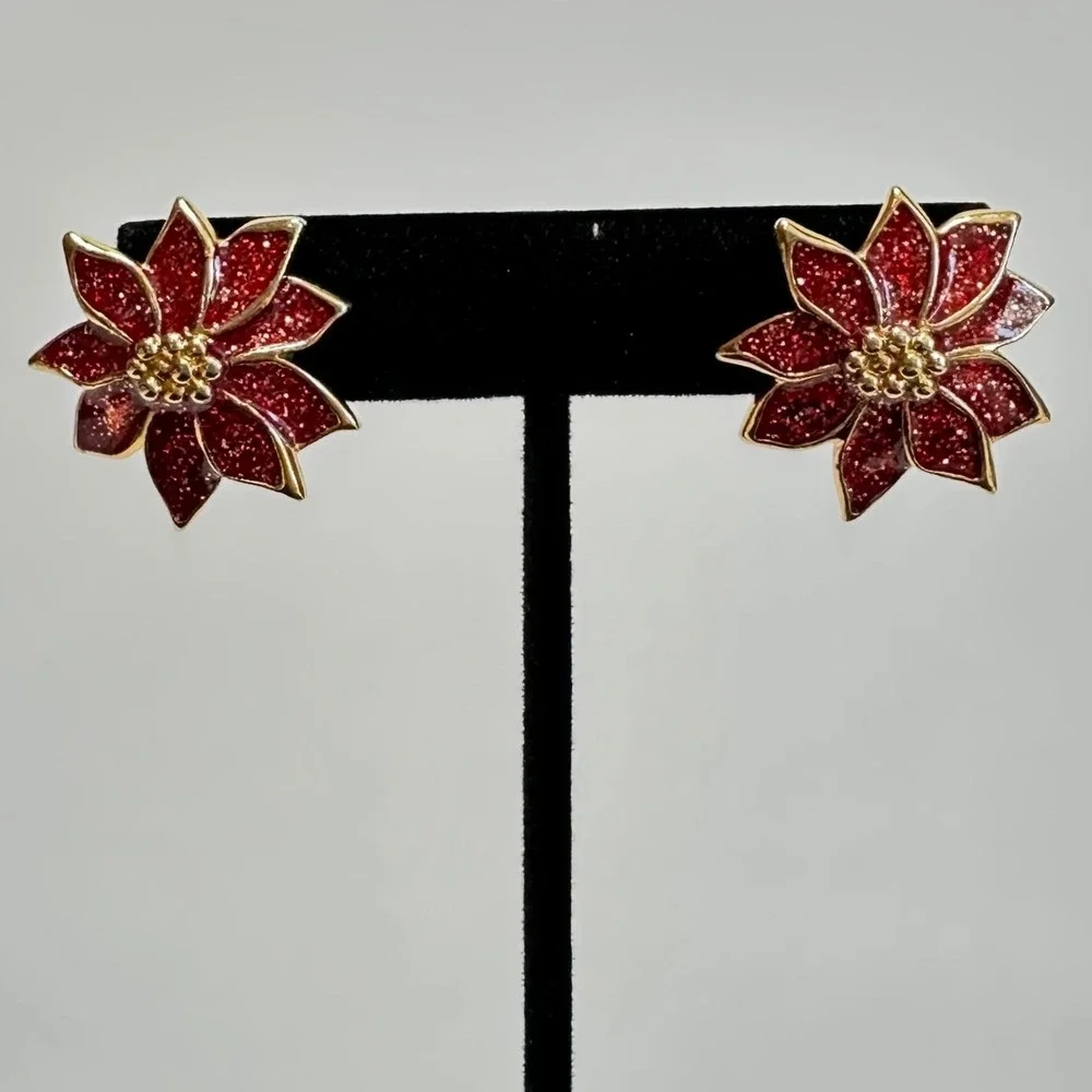 Vintage Avon of Belleville Red Poinsettia Stud Earrings Glitter Enamel Christmas